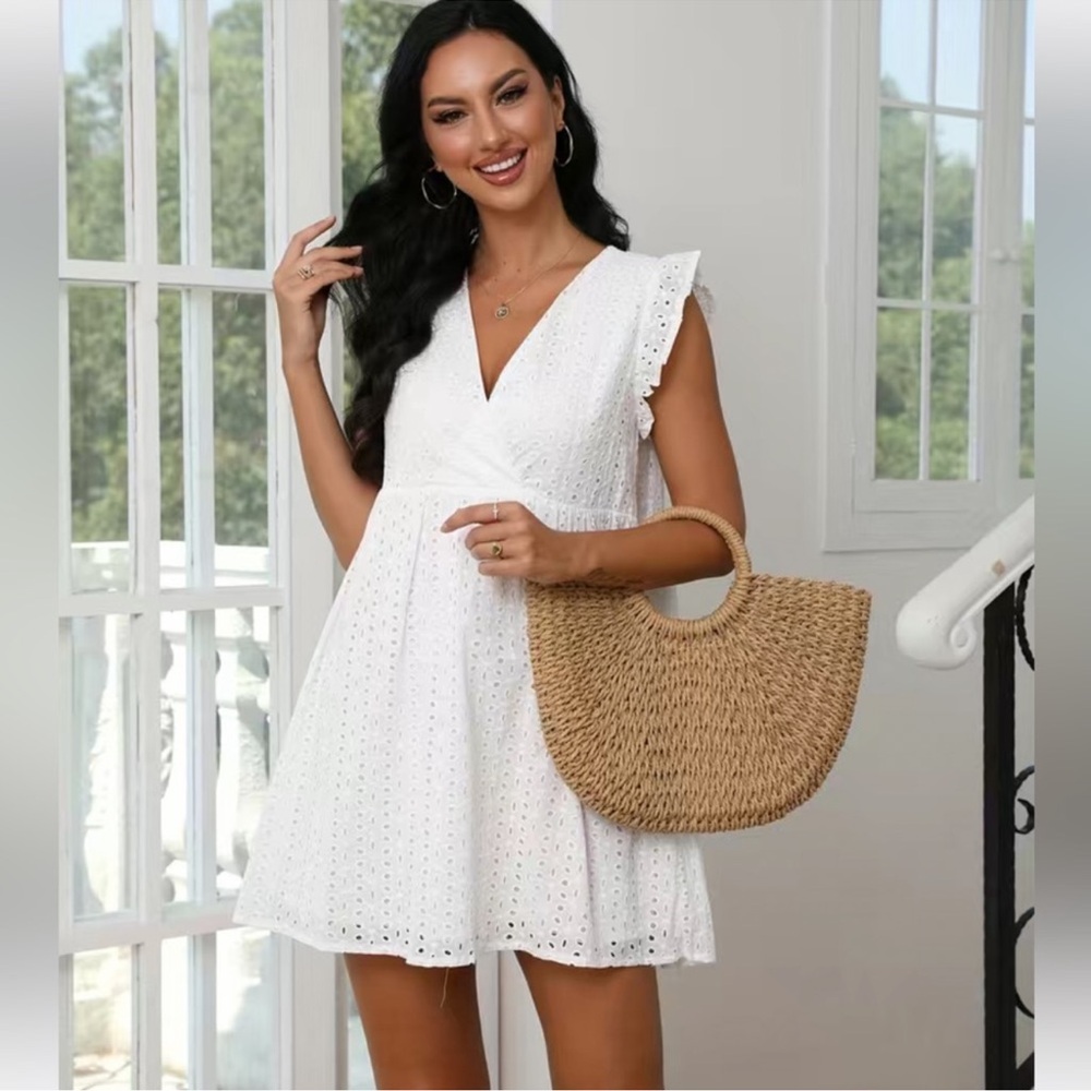 Elegant Ruffle Sleeves White Eyelet Dress Large NWT!!
